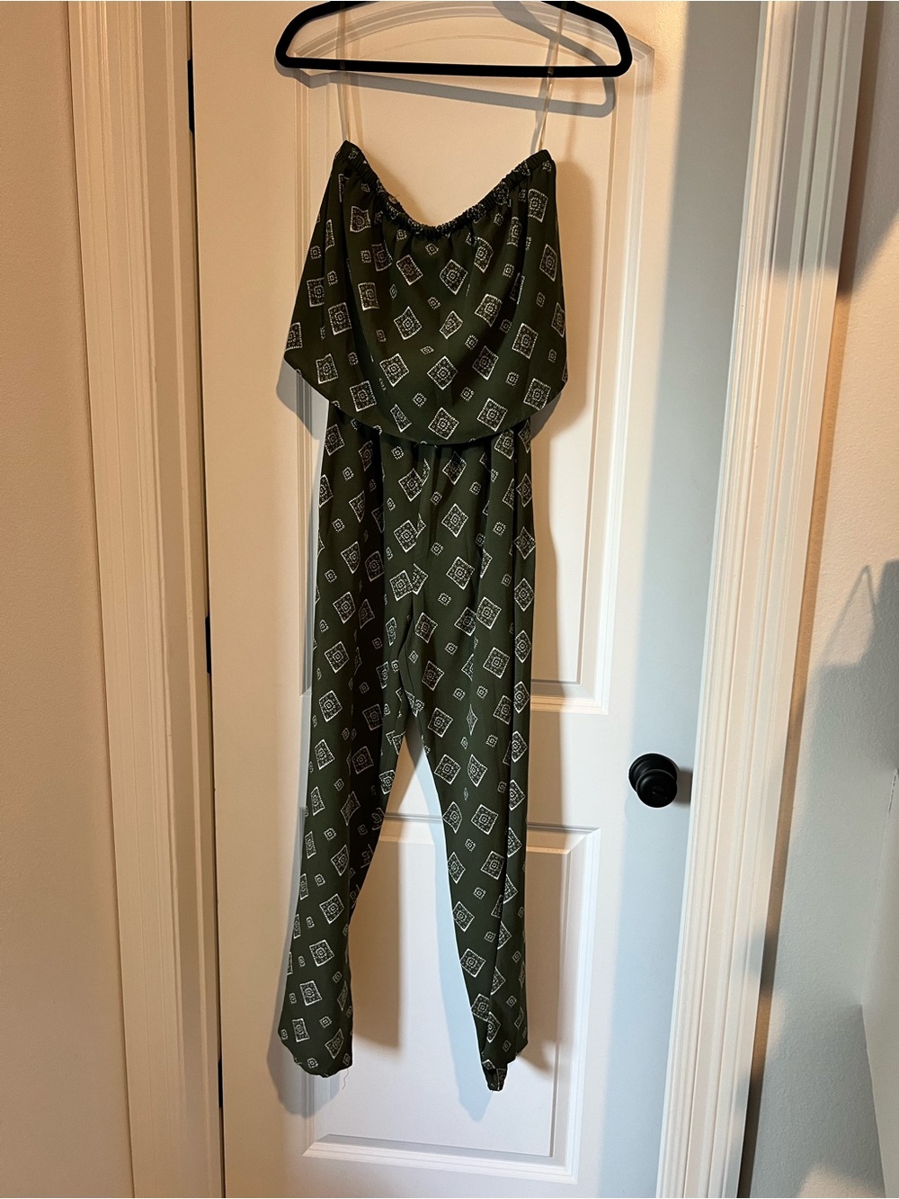 Time and Tru Olive Strapless Geometric Jumpsuit